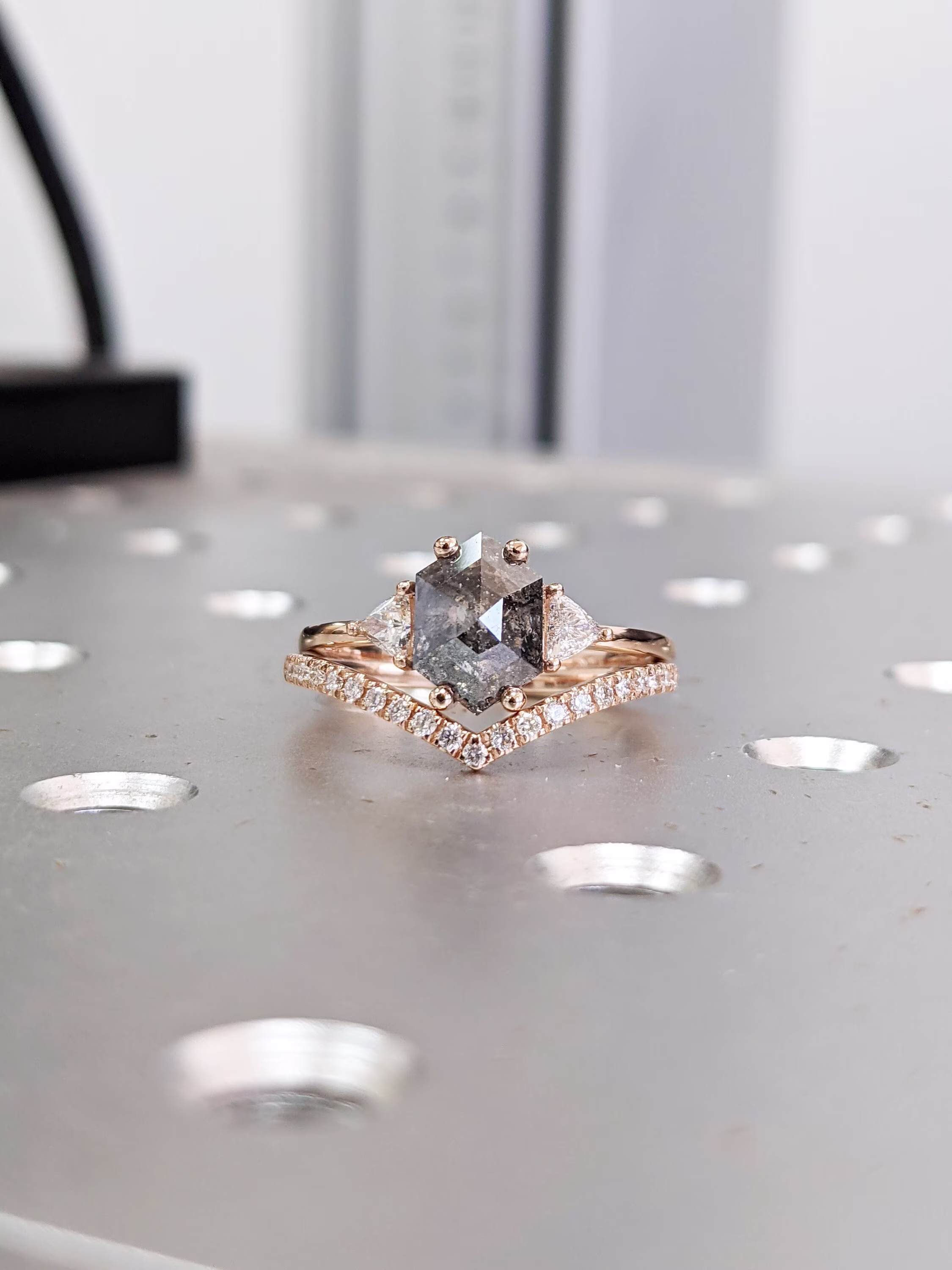 Raw Diamond Hexagon Triangle Diamond, Salt & Pepper, Plain Unique Bridal Engagement Set, Rose Cut Geometric Ring, Custom Handmade