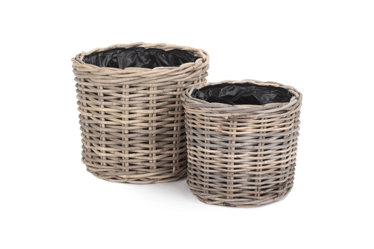 Rattan Round Planter. Black Plastic Lining. Available in 2 Different Sizes. Kubu Grey Rattan. Weather Resistant. Indoor Outdoor