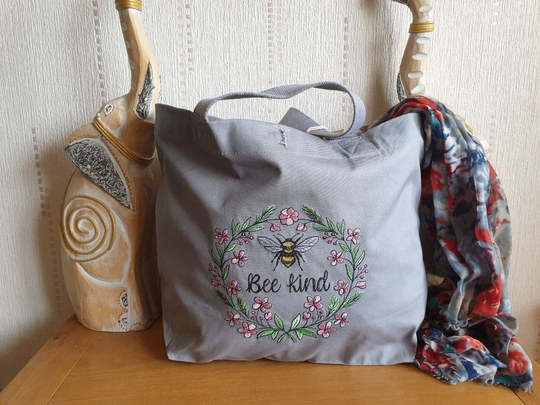 Bee Kind Floral Embroidered 100% Organic Cotton Canvas Shopping Bag Large Size. Free Personalisation. Delivery
