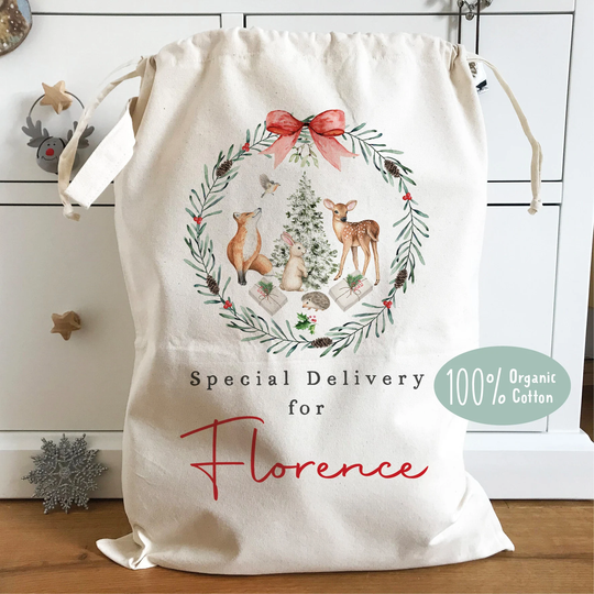 Personalised Christmas Sack, 100% Organic Natural Cotton, Woodland Nursery, Gift, Santa Heavy Duty Linen, 46x 60cm, 60x76cm