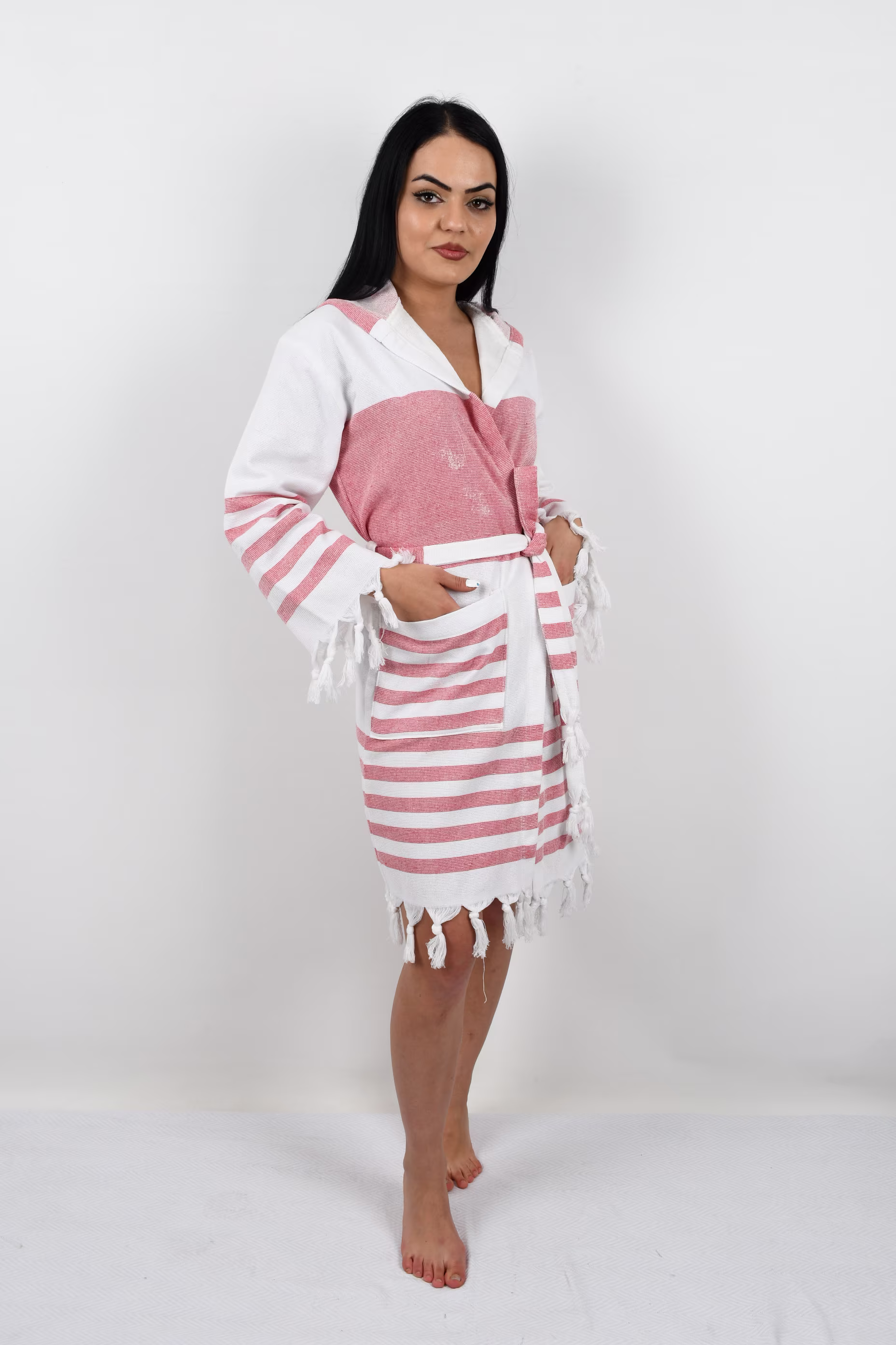 Beach Cloth, Organic Bathrobe, Pajama, Bridesmaid Gift Turkish Terry Kimono, Striped Red Bathrobe
