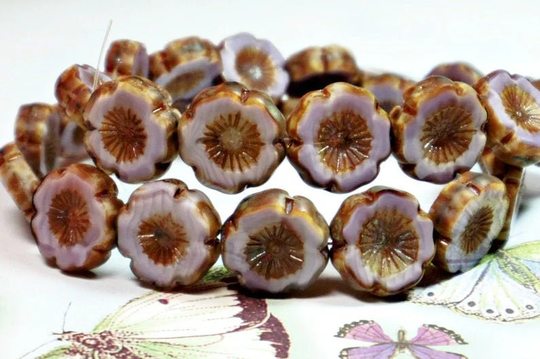 14mm Silk Purple W/Brown Picasso Hibiscus Hawaiian Flower Czech Glass Beads | 6Pc, Diy Jewelry Bead Supply