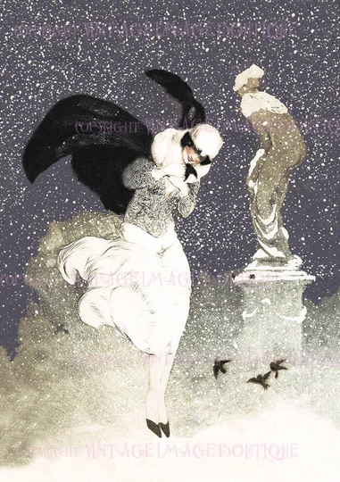 Antique 1920's Art Deco Winter Fashion Scene Of A Woman Admiring Snowy Statue Christmas Season Solstice Holiday 5x7 Greeting Card