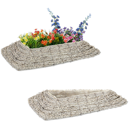 Relaxdays Set of 2 Plant Pots, Rattan, Flower Baskets with Foil, 10x55x25 cm, Triangular Indoors Planters, White/Natural