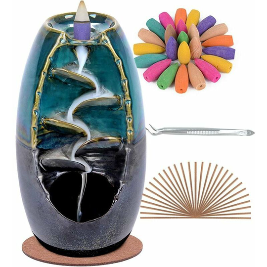 Deckon - Backflow Incense Holder Waterfall Incense Burner, Ceramic Aromatherapy Ornament with 120 Backflow Incense Cones + 20 Incense Sticks, Blue
