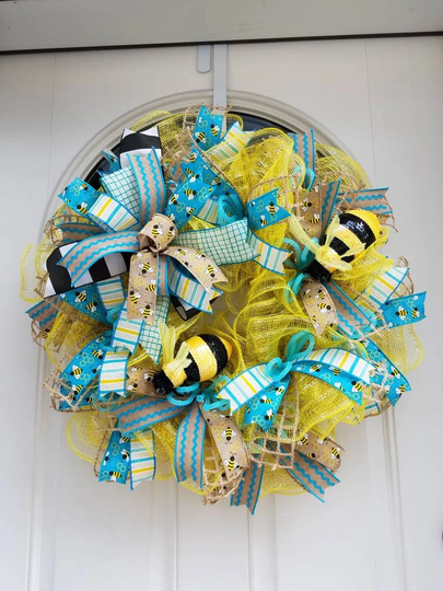 Everyday All Season Bee Wreath, Wall Decor, Yellow & Turquoise With Burlap Spring Summer