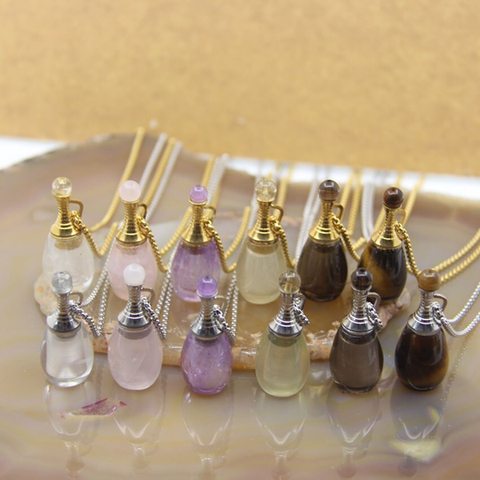 Natural Crystal Essential Oil Diffuser Amethyst Vial Pendants Chains, Smoky/Lemon/Rose Quartz Tiger Eye Perfume Bottle Necklace Women Jewelry