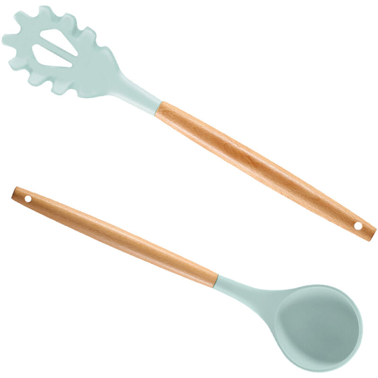 Pesce - Kitchen Utensil Set Silicone Cooking Utensils, 2pcs Kitchen Utensils Set Tools Wooden Soup spoon + powder catch (lake green)