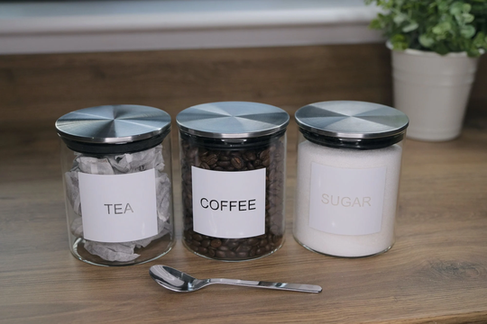 Tea, Coffee & Sugar Jars With Stainless Steel Lids/Kitchen Canisters/ Jars/ Storage/ Labelled Storage