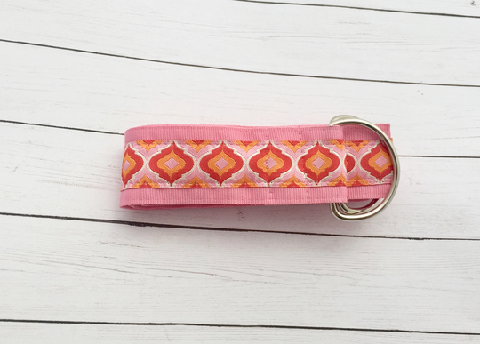 Women's Pink & Orange Jacquard Ribbon Belt, All Season Gold Or Silver Hardware, Spring Summer Gift For Her