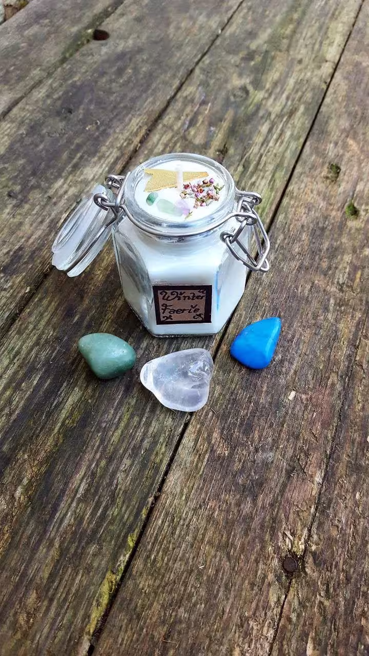 Herbal Healing Winter Faerie Crystal Candle Vanilla & Rose Herbs Crystals Gem Stones Lavender, Scented Yule Christmas Winter