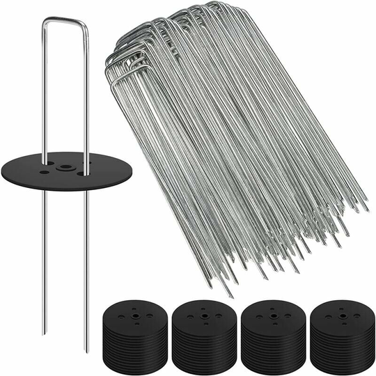 60 Pack 15cm Landscape Garden Plant Mulching Staples + 60 Sealers, 11 Gauge U-Shaped Galvanized Ground Stakes for Weed Control Cloth, Irrigation