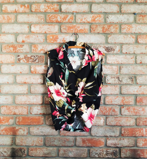 Vtg 80S/90S Hibiscus Print Cotton Canvas Top/Size L