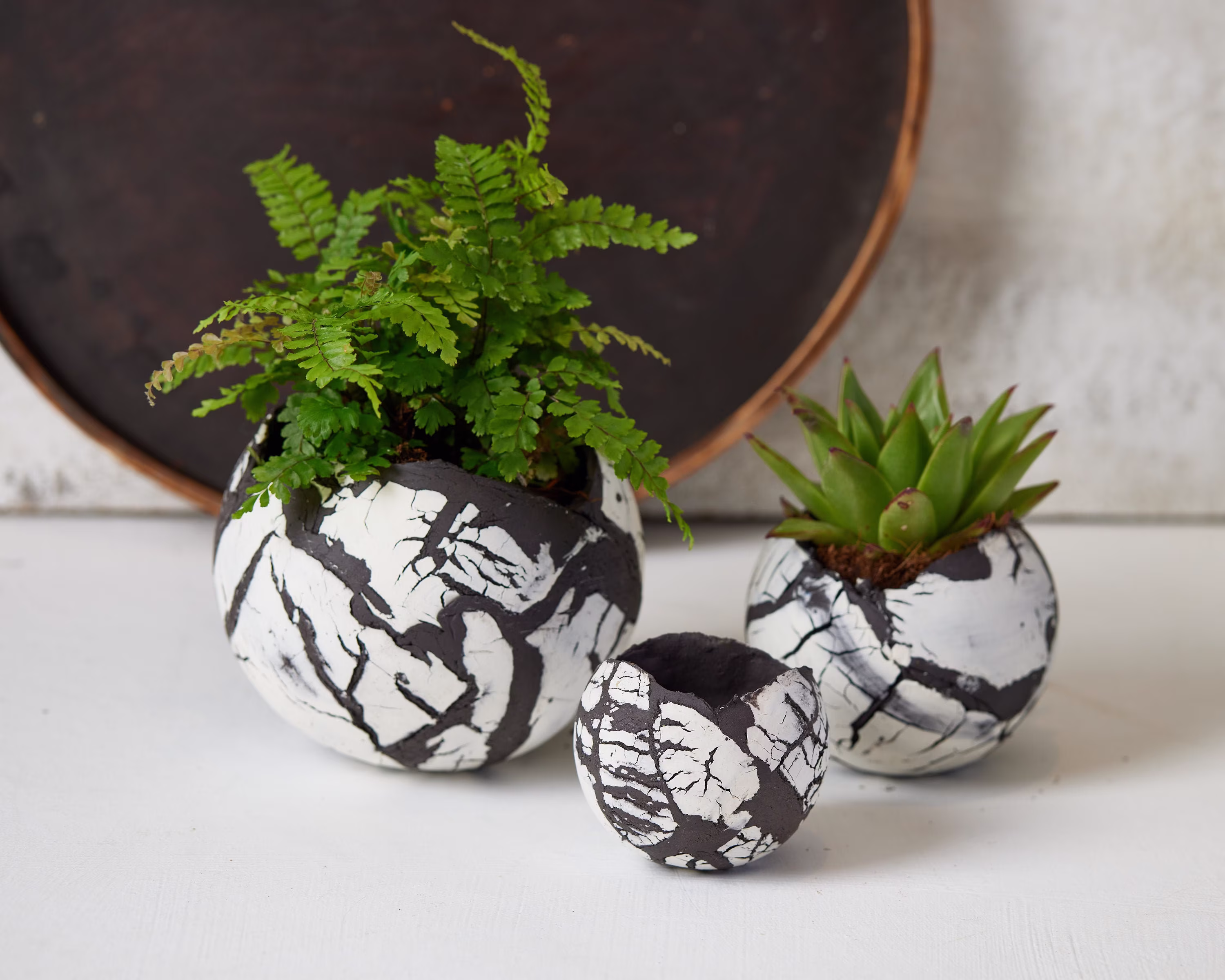 Round Unique Set Of 3 Planter Pots, Black & White Ceramic Decorative Indoor Or Outdoor Planters
