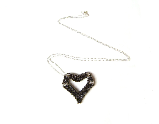 Black Heart Pendant Necklace, Seed Bead Beadwork Pendant, UK