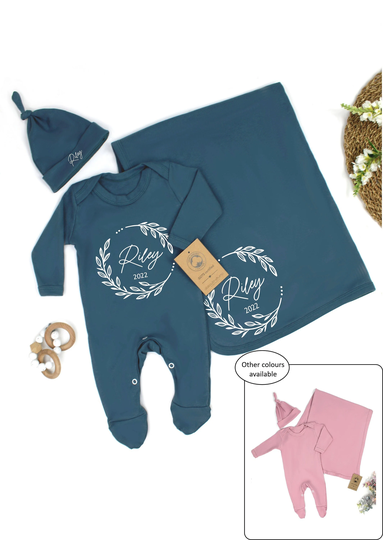 100% Organic Cotton Babygrow Leaf Wreath Pink Or Blue | Sleepsuit Newborn New Baby Shower Gift Girl Tiny Baby-9-12M
