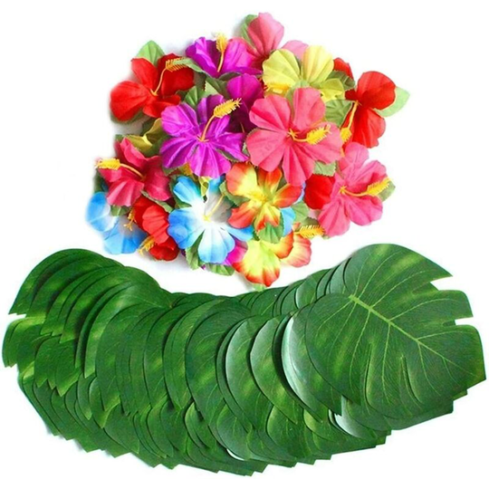 30 8' Leaves + 24 Flowers Tropical Palm Monstera Leaves and Hibiscus Flowers, Hawaiian Artificial Plant Faux Leaves