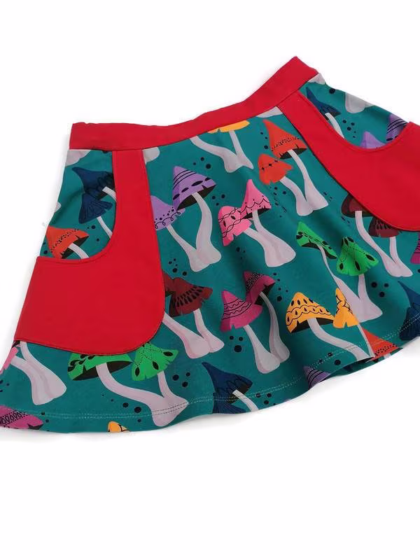 Organic Cotton Pixie Skort, Toadstools Skirt, Summer Retro Kids Clothes, Kids Beachwear, Handmade in The Uk, Pixie Skirt