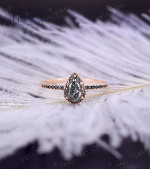 Pear Salt Pepper Diamond Engagement Ring Rose Gold Black Wedding Vintage Halo Half Eternity