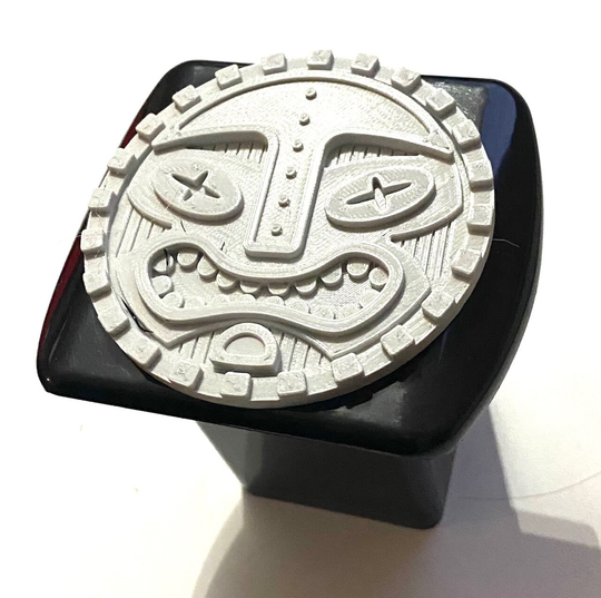 Tiki Warrior Round in 3D - Black With White 2 Inch Trailer Hitch Cover Hawaiian Hawaii Tropical Stone Head