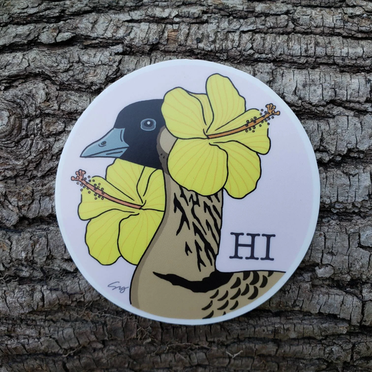 Hawaii State Bird & Flower. Nene Goose Yellow Hibiscus. Hi Sticker. Flower Sticker. Vinyl 3 By Sticker