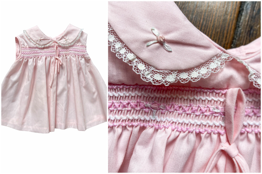1960S Smocked Powder Pink Baby Dress, Peter Pan Collar, Lace Detailing, Vintage Children's Ribbon Rose & Decorative Bow, Button Up