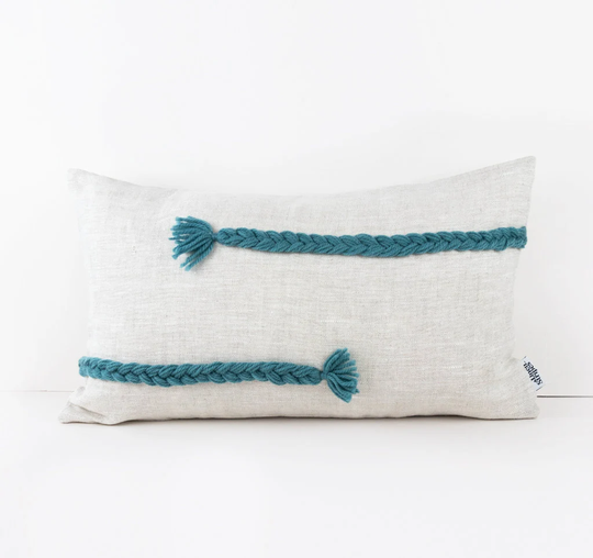 Organic Linen Pillow Cover With Turquoise Braid Pattern. Boho Cushion Cover. Lumbar Pillowcase. Baby Boy Nursery