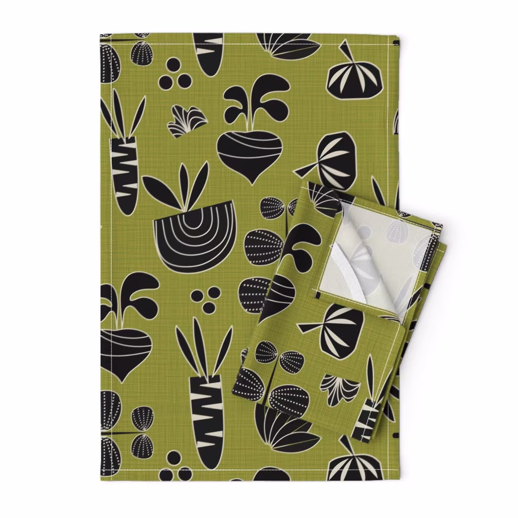 Mid Century Modern Tea Towels | Set Of 2 - Mod Veggies & Herbs By Mirimo_Design Olive Green Linen Cotton Spoonflower