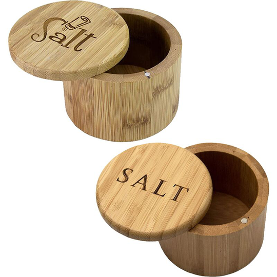 Fvbjd - Bamboo Salt Box, Salt Container With Lid, Salt Shaker, Bowl with Magnetic Swivel Lid (2 pcs) Letter + bottle logo