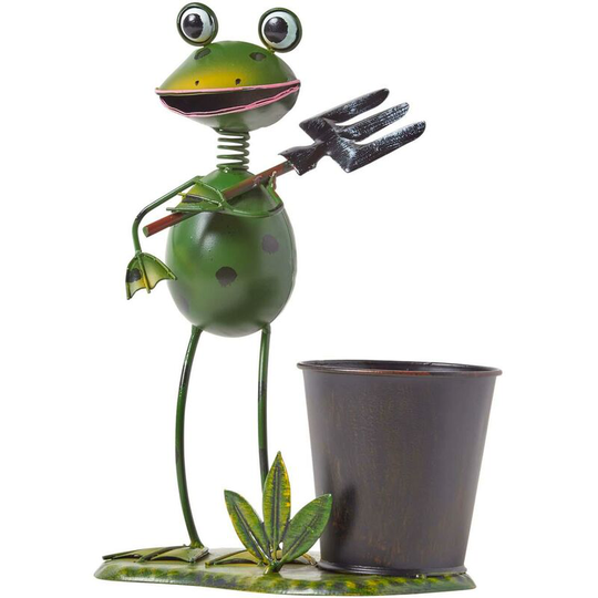 Metal Frog with Garden Fork and Flower Pot, 28 cm Tall - Green - Homescapes