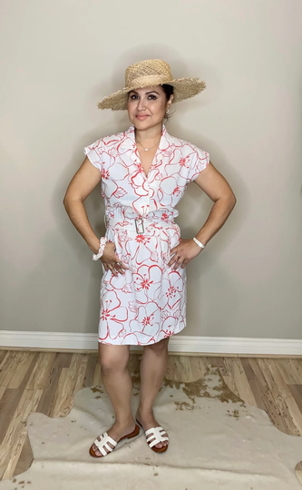 80's Vintage J.m. Ii New York Red & White Hibiscus Print Cotton Mini Shirtdress - Sz. 12, Fits Medium