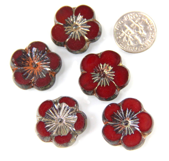 Large Hibiscus Flower Beads, Focal Bead, Ruby Red W/Goldwash & Picasso Finish, Czech Table Cut Glass 22mm. Beads