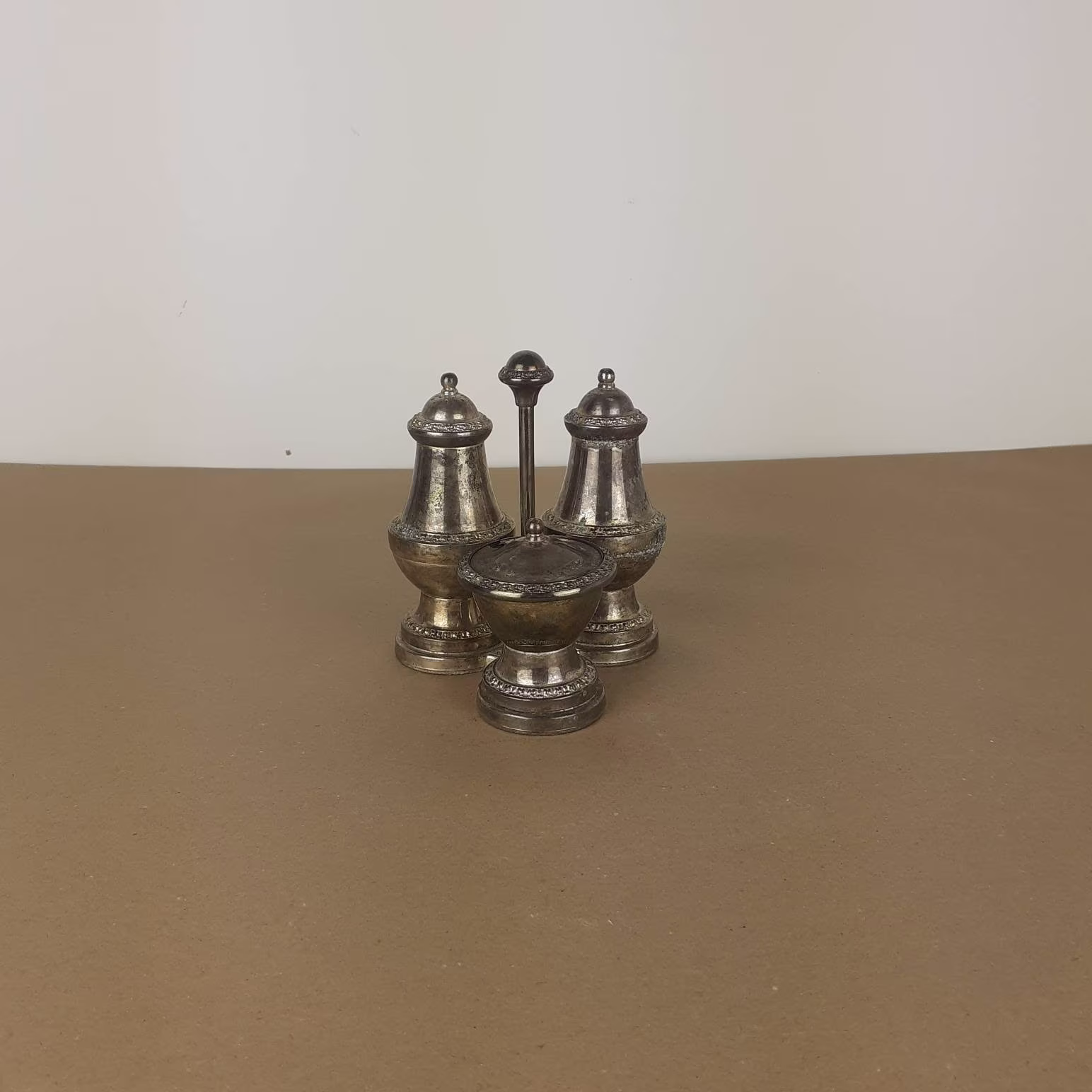 Vintage Silver 3 Piece Condiments Set. Salt & Pepper Pots