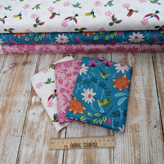 Hibiscus Hummingbird Fabric Collection - Lewis & Irene Tropical Birds Turquoise Pink Material