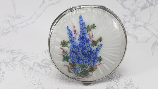 Vintage Sterling Silver Guilloche Compact Mirror, Powder With White Enamel & Hand Painted Floral Motif