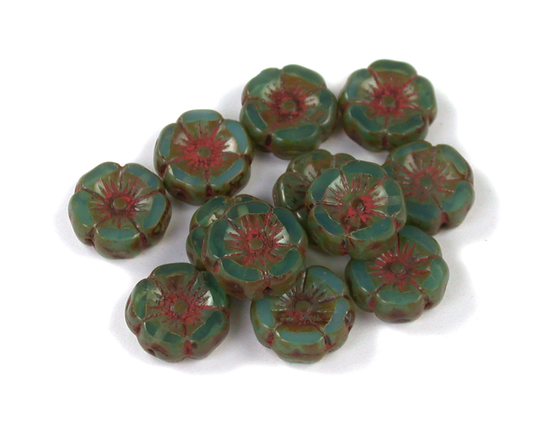 Aqua Green Opaline with Red Picasso Medium 12mm Hawaiian Hibiscus Flower Bead With Detailed Design. Set Of 6 Or 12