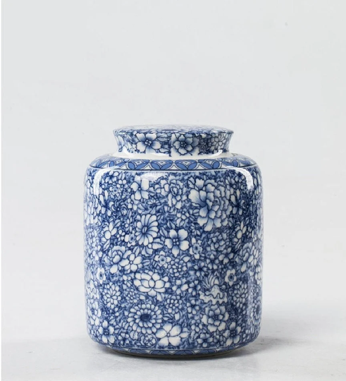 Oriental Blue White Flower Print Porcelain Tea Caddy | Canister Jar Kungfu Art Ceramony Container