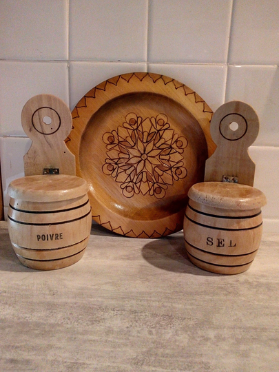 Pretty Wood Salt & Pepper Pots - A Pair Of French Vintage Wooden Boxes, Free Standing/Wall, Plus Wall Plates