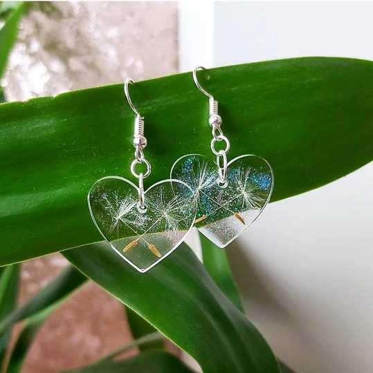 Dandelion Seed Make A Wish Clear Dangle Heart Shape Earrings - Gift Idea Birthday Mothers Day Womens Jewellery Valentines