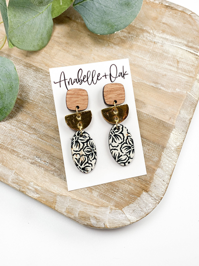 Black & White Earrings - Hibiscus Petite Floral Neutral Everyday Small Bohemian Dangle
