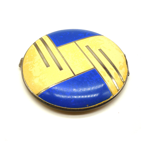 Art Deco Geometric Powder Compact, Blue & Cream On Silver Chrome