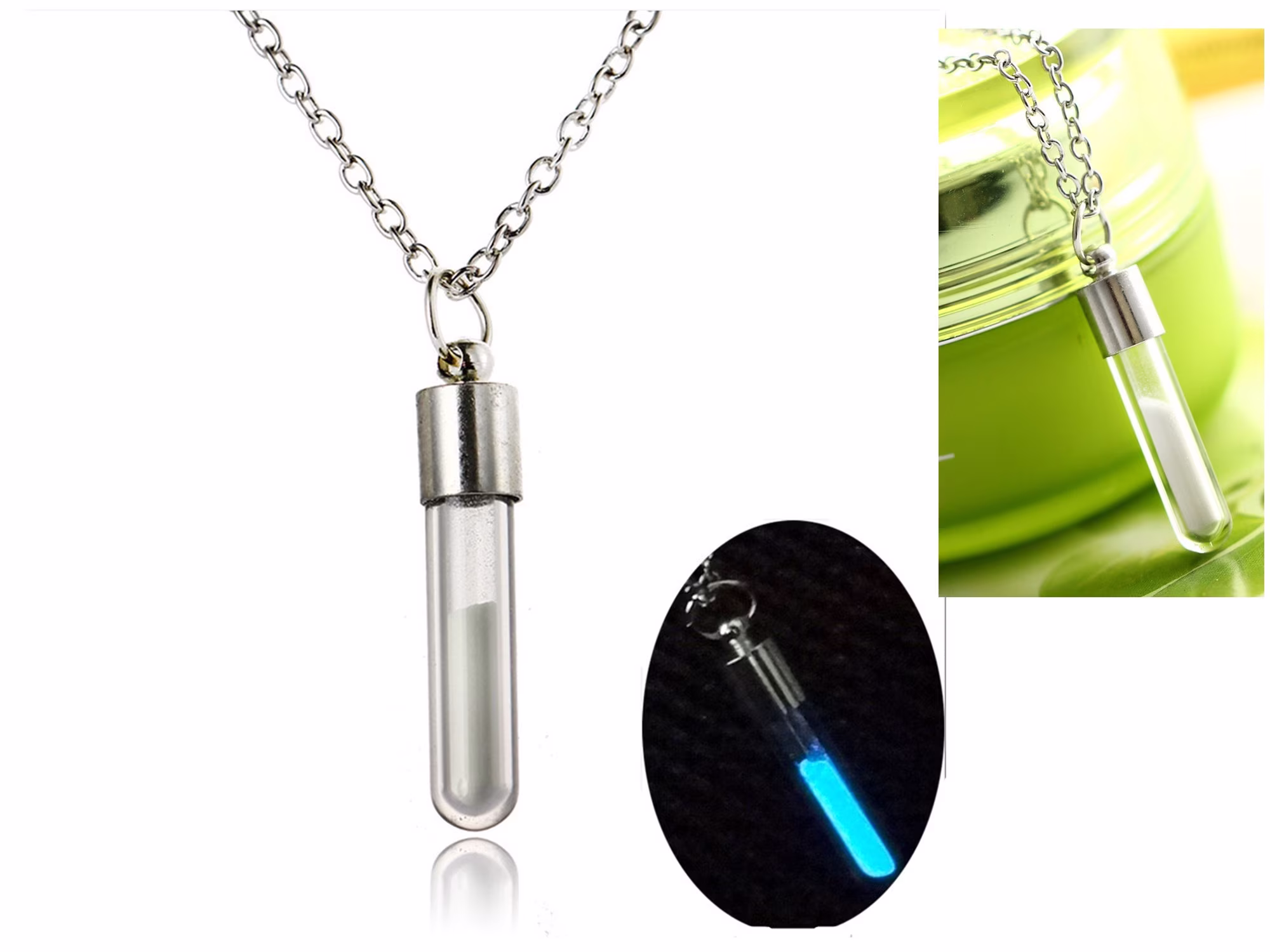 Beautiful Glow in The Dark Silver Powder A Tube Necklace Pendant Locket 30mm By 6.75mm Metal Plated 44cm Trace Chain N2Pndnts1014