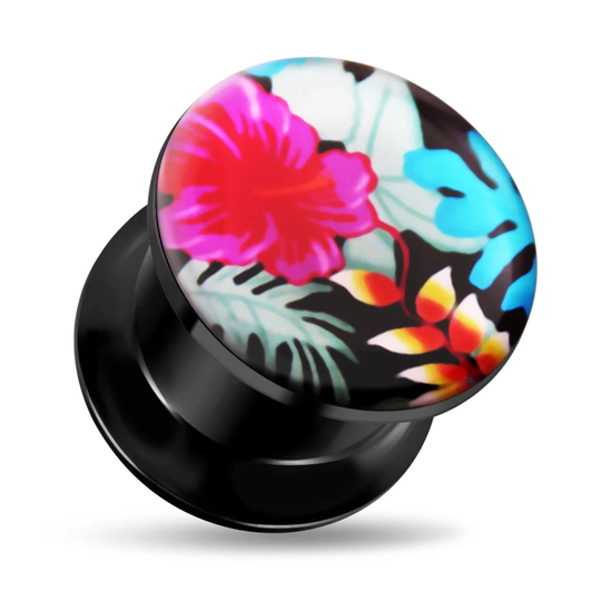 Hibiscus With Leaves Uv Internal Screw Fit Ear Tunnel-Price For One Piece-Plugs & Tunnels(Available in 8mm-20mm