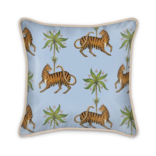 Tiger & Palms Pattern in Powder Blue Luxury Silk Cushion With Ivory Braid Piping