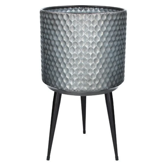 Large Galvanised Hammered Metal Planter - Tripod Plant Pot On Stand With Legs- Indoor House Grey Black