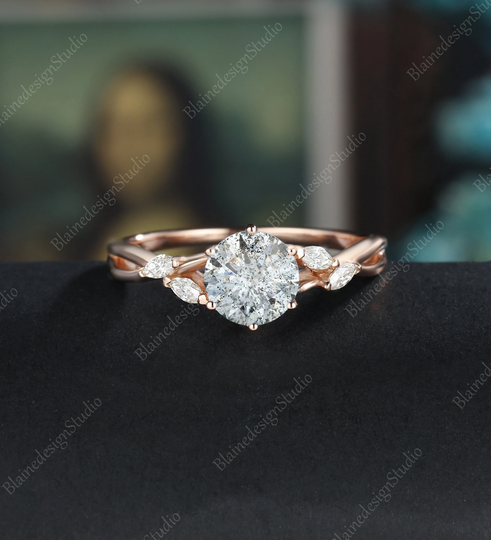 Salt & Pepper Moissanite Engagement Ring Vintage Unique Rose Gold Marquise Diamond Cluster Wedding Anniversary Dainty