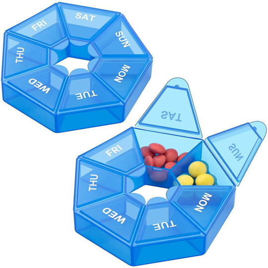 Perle Rare - 2 Pack Portable Travel Pill Box with Medicine Dispenser 8 Colors (Seven Days) New Edition (Blue)