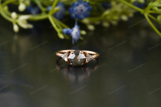Hexagon Moissanite Ring For Women Vintage Engagement Art Deco Rose Gold Bridal Promise Salt & Pepper Three Stone Ring