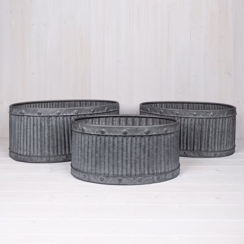 3x Vintage Galvanised Metal Planters Ribbed Oval Tub Plant Flower Pot Garden