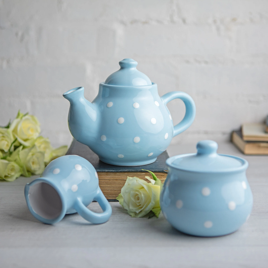 Blue Ceramic Tea Set, Handmade Teapot Small Teapot, Milk Jug, Sugar Bowl Stoneware Pottery With White Polka Dot